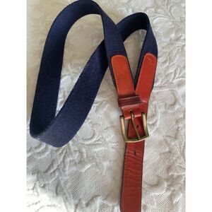 Vtg Dooney & Bourke Orange Brown Leather Navy Canvas Belt 36" Brass Buckle 70s ?